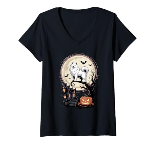 Damen Gruseliges Halloween Mond Samoyed Dog Sammies Samojede T-Shirt mit V-Ausschnitt Damen Gruseliges Halloween Mond Samoyed Dog Sammies Samojede T-Shirt mit V-Ausschnitt von Samoyed Dog Lover Gifts