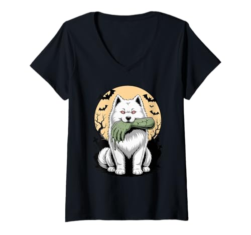 Damen Halloween Mond Zombie Hand Samoyed Dog Sammies T-Shirt mit V-Ausschnitt Damen Halloween Mond Zombie Hand Samoyed Dog Sammies T-Shirt mit V-Ausschnitt von Samoyed Dog Lover Gifts
