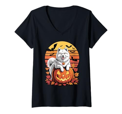 Damen Halloween Retro Samoyed Dog Sammies T-Shirt mit V-Ausschnitt Damen Halloween Retro Samoyed Dog Sammies T-Shirt mit V-Ausschnitt von Samoyed Dog Lover Gifts