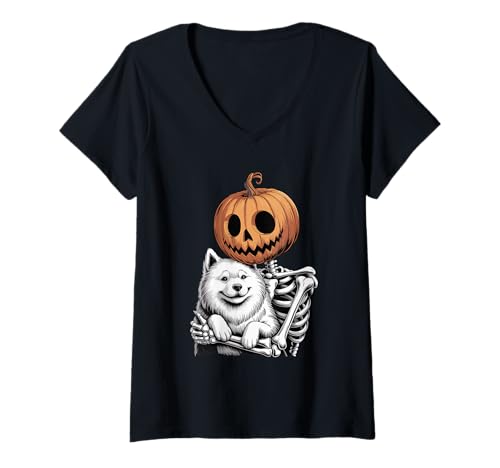 Damen Halloween Skeleton Samoyed Dog Sammies T-Shirt mit V-Ausschnitt Damen Halloween Skeleton Samoyed Dog Sammies T-Shirt mit V-Ausschnitt von Samoyed Dog Lover Gifts