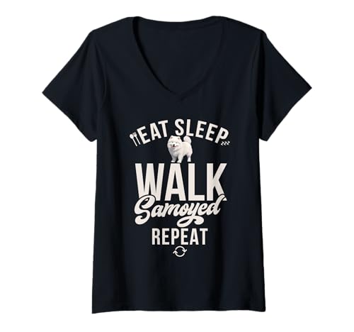 Damen Eat Sleep Walk Samoyed Repeat Samoyed T-Shirt mit V-Ausschnitt von Samoyed Gifts