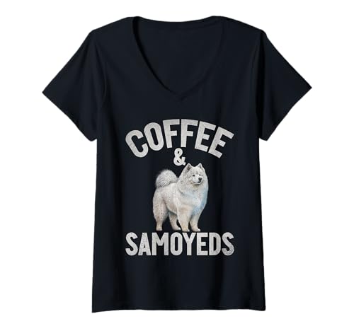 Damen Kaffee und Samojeden T-Shirt mit V-Ausschnitt Damen Kaffee und Samojeden T-Shirt mit V-Ausschnitt von Samoyed Gifts