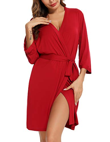 Samring Bademantel für Damen, Kimono-Bademantel, weicher Bambus, Nachtwäsche, kurzer Strick, Bademantel, Damen, Loungewear, S-XXL, Rot/Ausflug, einfarbig (Getaway Solids), Medium von Samring