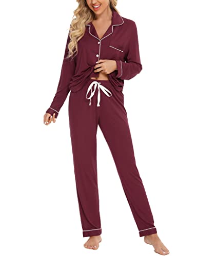 Samring Pyjama Damen Langarm Nachtwäsche Button Down Pj Sets Soft Loungewear Pyjama Set für Frauen S-XXL, Weinrot, M von Samring