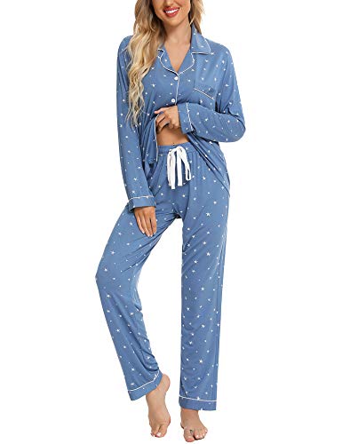 Samring Pyjama-Set für Damen, langärmelig, Nachtwäsche, Knopfleiste, weich, Loungewear, Pyjama-Set für Damen, S-XXL, Seeblauer Stern, S von Samring