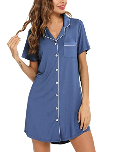 Samring Pyjama-Nachthemd für Damen, kurz/langärmelig, Knopfleiste, Nachtwäsche, Top, Freund, Schlafhemden, Nachthemd, S-XXL, Kurzarm blau, Large von Samring