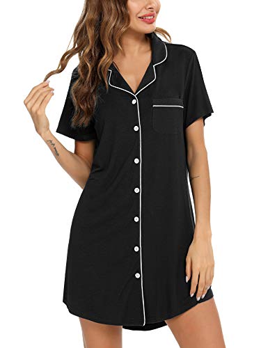 Samring Pyjama-Nachthemd für Damen, kurz/langärmelig, Knopfleiste, Nachtwäsche, Top, Freund, Schlafhemden, Nachthemd, S-XXL, Kurzarm-schwarz, X-Large von Samring