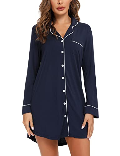 Samring Pyjama-Nachthemd für Damen, kurz/langärmelig, Knopfleiste, Nachtwäsche, Top, Freund, Schlafhemden, Nachthemd, S-XXL, Langarm-Marineblau, Medium von Samring