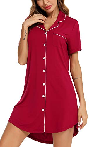 Samring Pyjama-Nachthemd für Damen, kurz/langärmelig, Knopfleiste, Nachtwäsche, Top, Freund, Schlafhemden, Nachthemd, S-XXL, Short Sleeve rot, X-Large von Samring