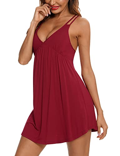 Samring Sexy Dessous Nachtwäsche für Frauen Chemises V-Ausschnitt Full Slip Babydoll Nachthemd Kleid S-XXL, Weinrot, Medium von Samring