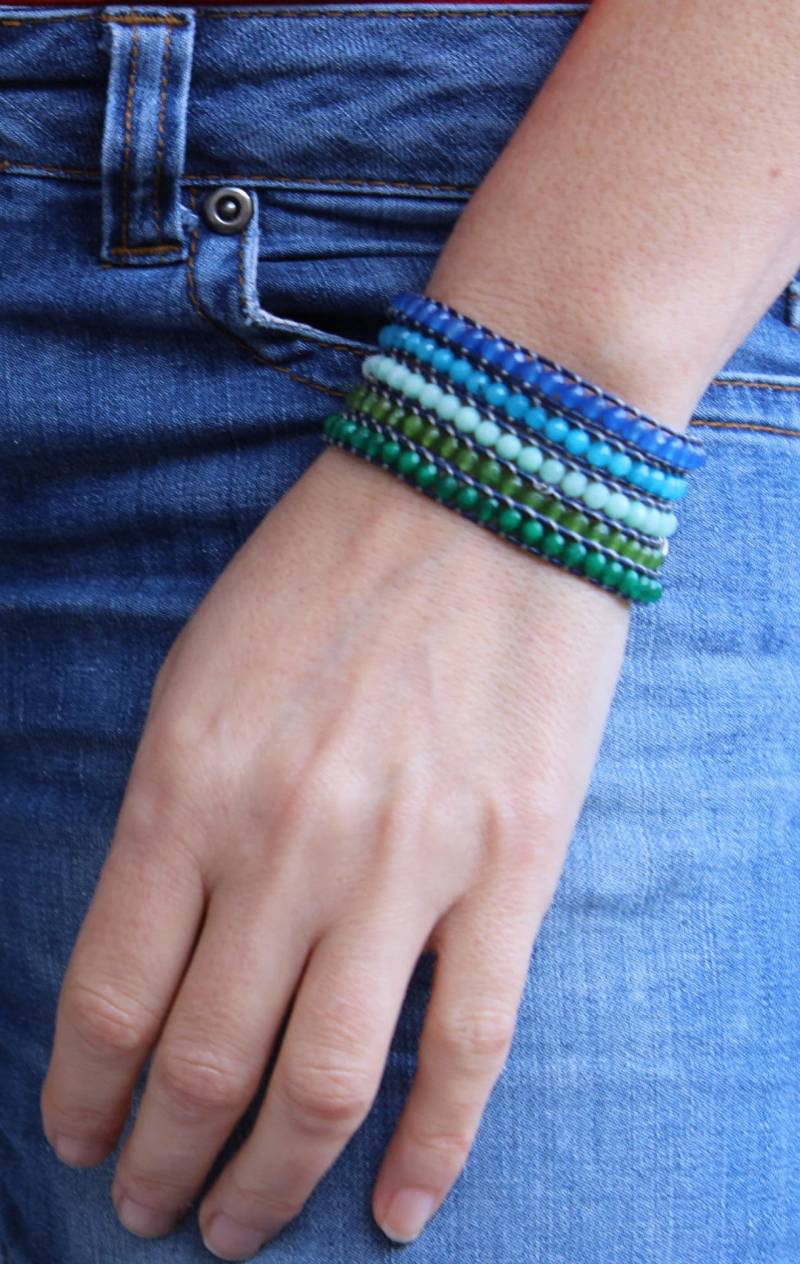 Mediterranes Edelstein Wickelarmband 925 Silber Button, Achat Aquamarin Smaragd von SamsabyElena