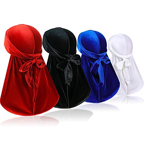 4 Stück Velvet Men Durags - Premium Soft Durag Headwraps mit extra langem Schwanz und breiten Trägern perfekt für 360 Wellen Gr. Einheitsgröße, Stil 1 von Samserot