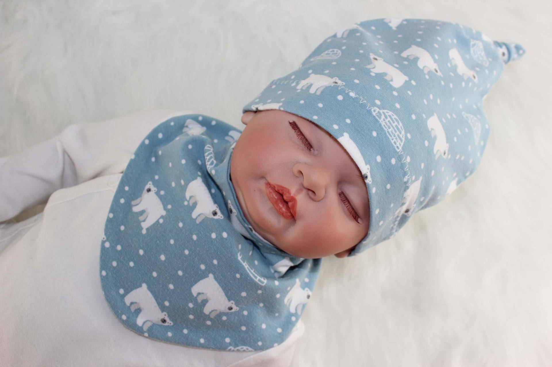 Mütze Halstuch Baby Kind, Blau Mit Eisbären, Knotenmütze, Dreieckstuch, Jersey von SamsitaDesign