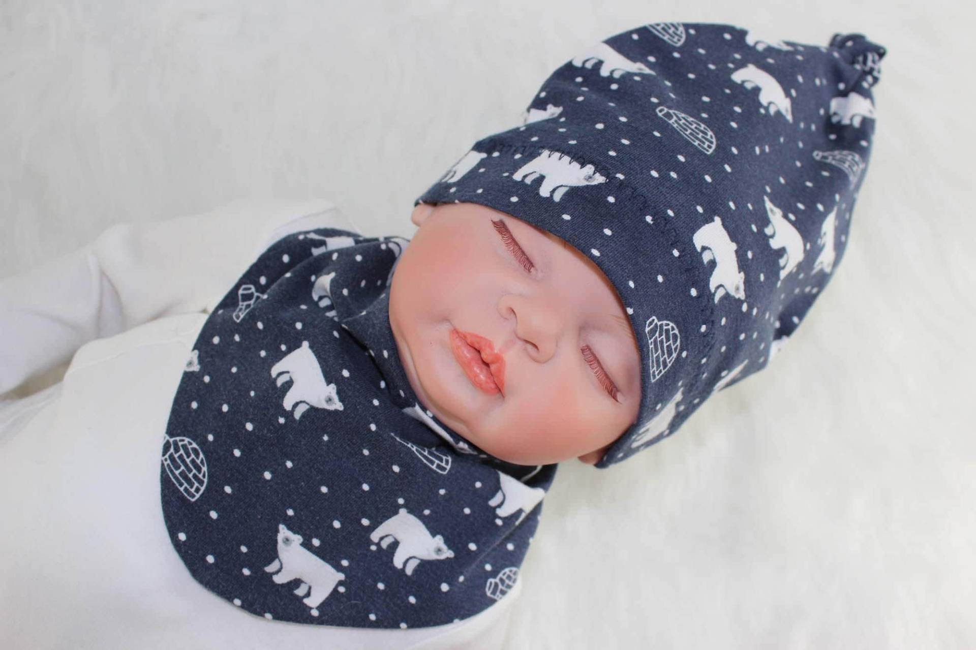 Mütze Halstuch Baby Kind, Grau Mit Eisbären, Knotenmütze, Dreieckstuch, Jersey von SamsitaDesign