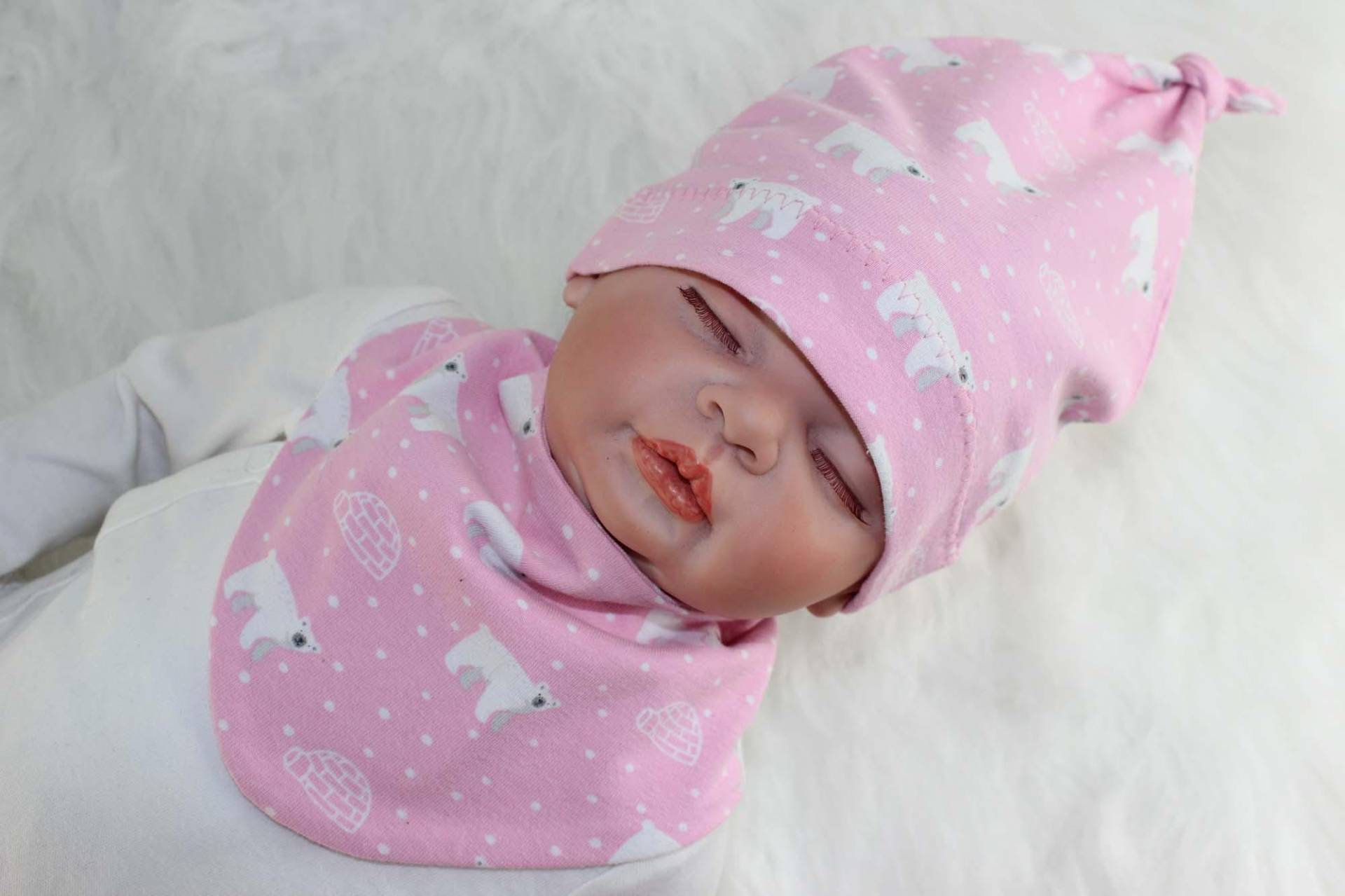 Mütze Halstuch Baby Kind, Rosa Mit Eisbären, Knotenmütze, Dreieckstuch, Jersey von SamsitaDesign