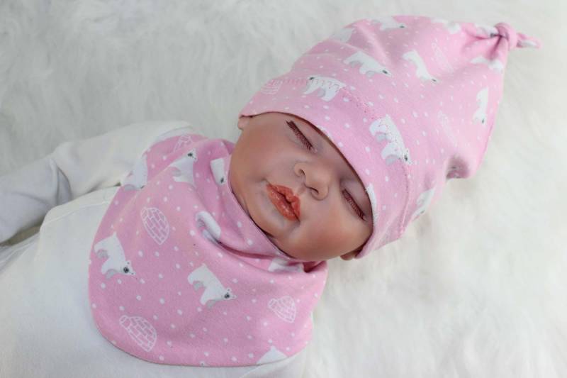 Mütze Halstuch Baby Kind, Rosa Mit Eisbären, Knotenmütze, Dreieckstuch, Jersey von SamsitaDesign