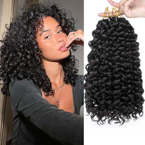 Samtress 14 Inch Curly Crochet Hair 8 Packs GoGo Curl Crochet Hair Extensions Natural Black Deep Wave Braiding Hair Synthetic for Women Bohemian Water Wave Crochet Braids (#1B) von Samtress