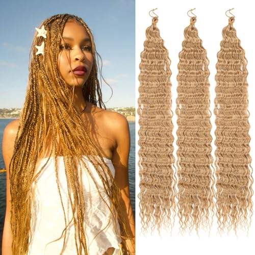 Samtress 3 Packs Ocean Wave Crochet Hair Honey Blond Long Wavy Braiding Hair Synthetic For Women 24 Inch Deep Wave Crochet Hair for Boho Braids Hair Extensions (#27) von Samtress