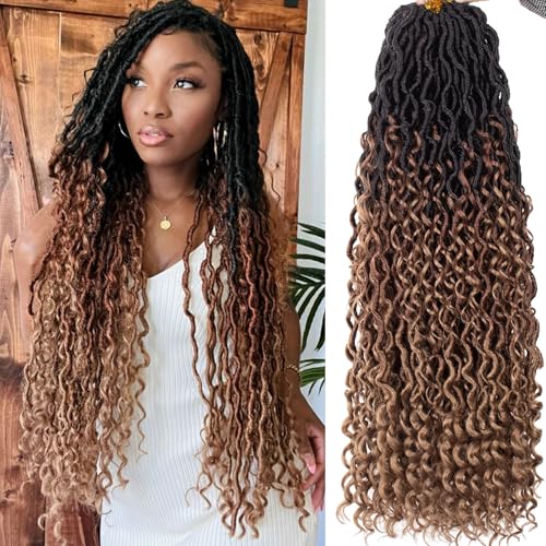 Samtress 24 Inch Goddess Faux Locs Crochet Braids 8 Packs Pre-looped Soft River Faux Locs Crochet Braids with Curly Ends Bohemian Hippie Locs Synthetic Braiding Hair for Women (#1B/30/27) von Samtress