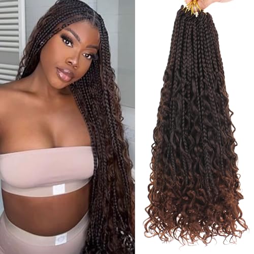 Samtress 8 Packs Boho Box Zöpfe Crochet Braids mit Curly Ends 18 Inch Ombre Brown Pre Looped Goddess Box Braids Messy Bohemian Hippie Synthetic Braiding Hair für Frauen (#T30) von Samtress