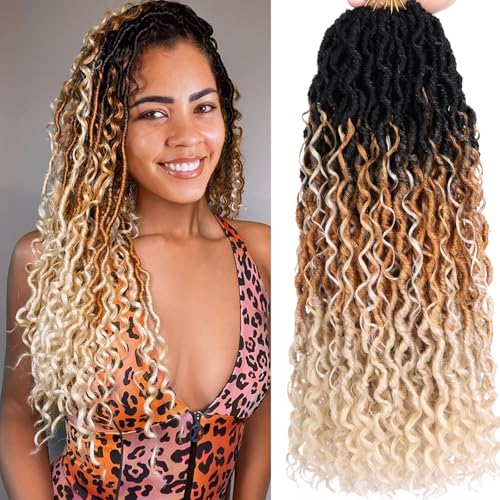 Samtress 8 Packs Pre-looped Goddess Locs with Curly Ends 18 Inch Bohemian Soft River Faux Locs Wavy Crochet Braids Hair Extensions Faux Locs Crochet Braids Synthetic for Black Women (#1B/27/613) von Samtress
