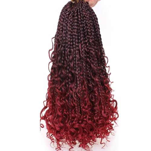 Samtress Boho Box Zöpfe 18 Zoll 8 Packs Ombre Burgund Göttin Box Zöpfe mit Cruly Ends Pre Looped unordentlichen böhmischen Box Zöpfe synthetische Flechten Haarverlängerungen für Frauen (#TBUG) von Samtress