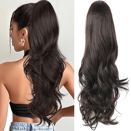 Samtress Ponytail Extension 24 Inch Drawstring Ponytail Extension Dark Brown Long Wavy Layered Pony Tails Hair Extensions Synthetic for Women Clip in Ponytail Hairpiece for Daily Use Party (#4) von Samtress