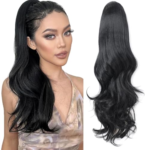 Samtress Ponytail Extension 24 Inch Drawstring Ponytail Extension for Women Natural Black Long Wavy Layered Pony Tails Hair Extensions Synthetic Clip in Ponytail Hairpiece Daily Use Party (#1B) von Samtress