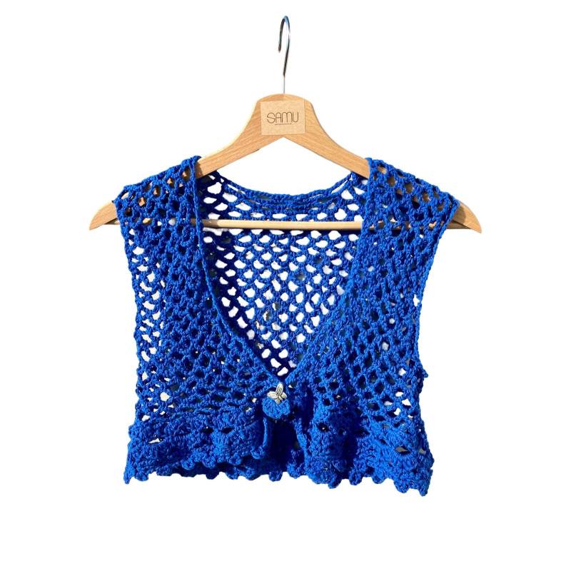 Häkelweste Aus Baumwolle in Schönem Blau Mit Schmetterlings-Knopfverschluss Fair Produziert Unterwegs Durch Spanien Damen Bolero Gehäkelt von SamuAtelier