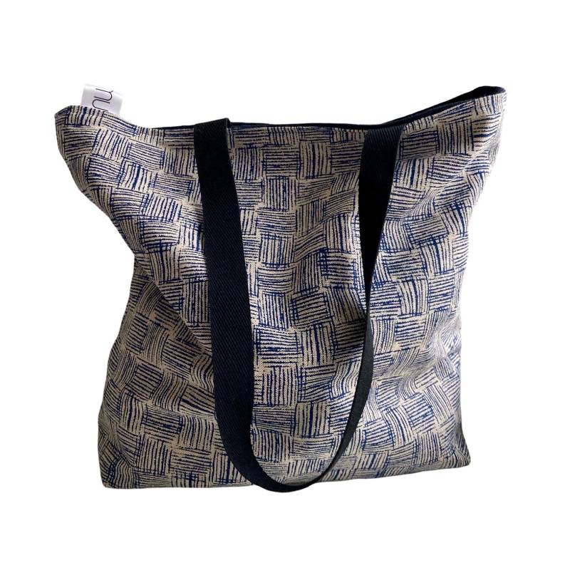 Handgemachte Wendetasche 2-In-1 - Shopper & Totebag, Kariert Blau-Weiss Und Schwarz Uni, Nachhaltig, Vielseitige Schultertasche Geschenkidee von SamuAtelier