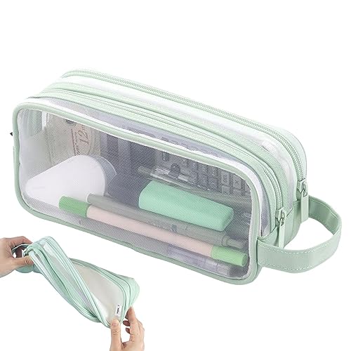 Samuliy Gitternetz Stifteetui, Reißverschluss, transparent, 2 Fächer, Schreibwaren, Make-up-Tasche, Handheld, multifunktional, Stifttasche für Teenager, Studenten, College, lichtgrün, 1 von Samuliy