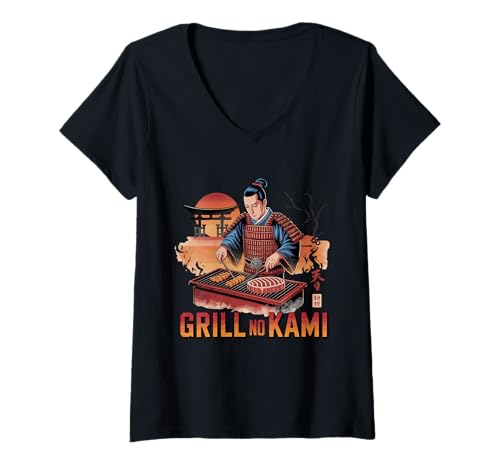 Damen Grill No Kami Samurai Barbecue Chef T-Shirt mit V-Ausschnitt Damen Grill No Kami Samurai Barbecue Chef T-Shirt mit V-Ausschnitt von Samurai Barbecue Master Cooking Design