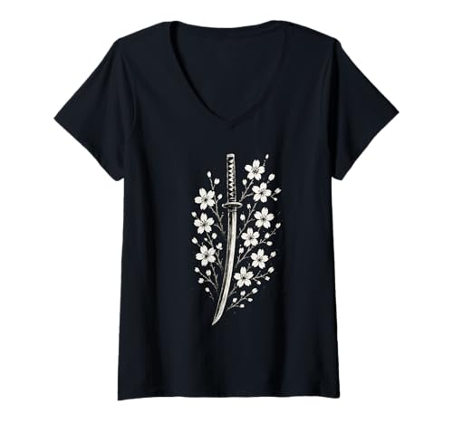 Damen Katana mit Kirschblüten T-Shirt mit V-Ausschnitt Damen Katana mit Kirschblüten T-Shirt mit V-Ausschnitt von Samurai Bloom