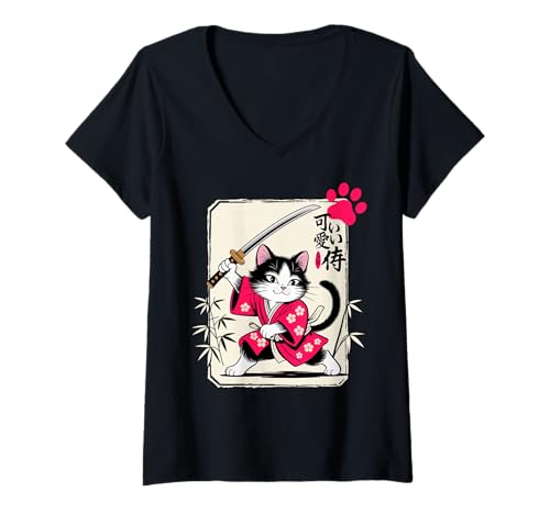 Damen Kawaii Kätzchen Samurai Katze - Chibi Cat T-Shirt mit V-Ausschnitt Damen Kawaii Kätzchen Samurai Katze - Chibi Cat T-Shirt mit V-Ausschnitt von Samurai Cat Kawaii - Chibi Female Kitten Warrior