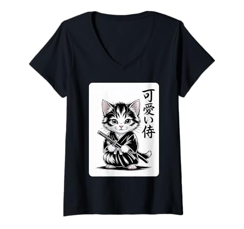 Damen Japanisches Baby Neko - Kawaii Kätzchen Samurai Katze T-Shirt mit V-Ausschnitt von Samurai Cat Kawaii - Chibi Kitten Warrior