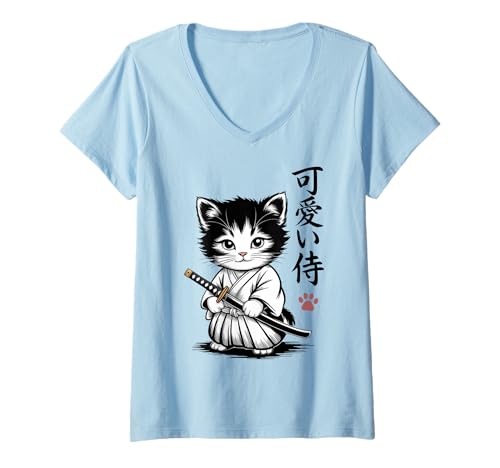 Damen Kätzchen Samurai Katze - Kawaii Baby Neko T-Shirt mit V-Ausschnitt von Samurai Cat Kawaii - Chibi Kitten Warrior