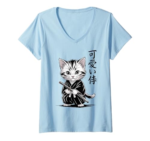 Damen Kawaii Baby Neko - Kawaii Kätzchen Samurai Katze T-Shirt mit V-Ausschnitt von Samurai Cat Kawaii - Chibi Kitten Warrior