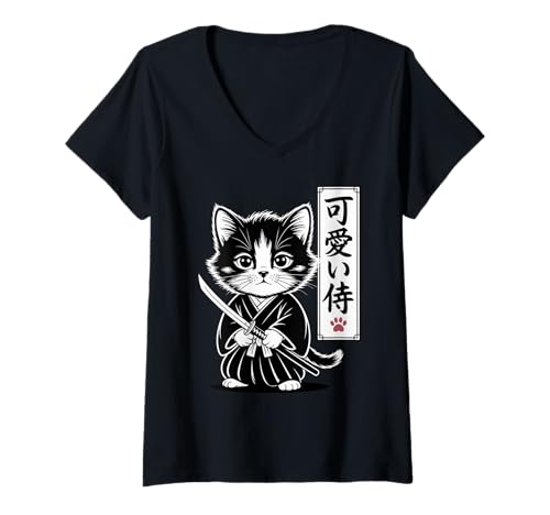 Damen Kawaii Kätzchen Samurai Katze - Cute Baby Neko T-Shirt mit V-Ausschnitt von Samurai Cat Kawaii - Chibi Kitten Warrior