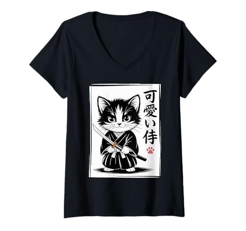 Damen Kawaii Kätzchen Samurai Katze - Japanisches Baby Neko T-Shirt mit V-Ausschnitt von Samurai Cat Kawaii - Chibi Kitten Warrior
