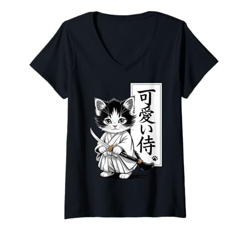 Damen Kawaii Kätzchen Samurai Katze - Kawaii Baby Neko T-Shirt mit V-Ausschnitt von Samurai Cat Kawaii - Chibi Kitten Warrior