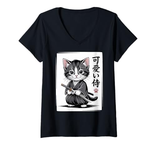 Damen Süße Samurai-Katze, Kawaii Baby Neko T-Shirt mit V-Ausschnitt von Samurai Cat Kawaii - Chibi Kitten Warrior
