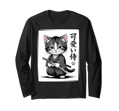 Süße Samurai-Katze, Kawaii Baby Neko Langarmshirt von Samurai Cat Kawaii - Chibi Kitten Warrior