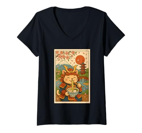 Damen Krieger Samurai Cat Ramen Under Sakura Blossoms and Fuji T-Shirt mit V-Ausschnitt von Samurai Cat Ramen Lover pagoda cherry blossoms tee