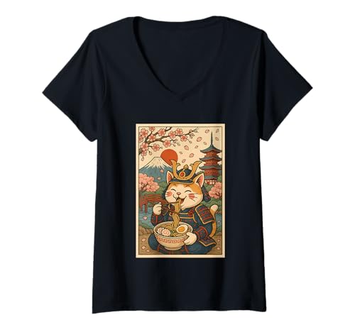 Damen Lustige Samurai-Katze schlürft Ramen unter dem Berg Fuji und Sakura T-Shirt mit V-Ausschnitt von Samurai Cat Ramen Lover pagoda cherry blossoms tee