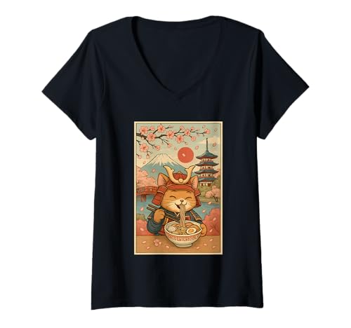 Damen Lustige Samurai-Katze schlürft Ramen unter dem Berg Fuji und Sakura T-Shirt mit V-Ausschnitt von Samurai Cat Ramen Lover pagoda cherry blossoms tee