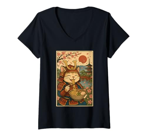 Damen Lustige Samurai-Katze schlürft Ramen unter dem Berg Fuji und Sakura T-Shirt mit V-Ausschnitt von Samurai Cat Ramen Lover pagoda cherry blossoms tee