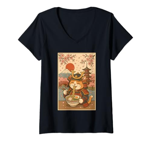 Damen Samurai Cat Ramen mit japanischer Pagode und Kirschblüten T-Shirt mit V-Ausschnitt von Samurai Cat Ramen Lover pagoda cherry blossoms tee