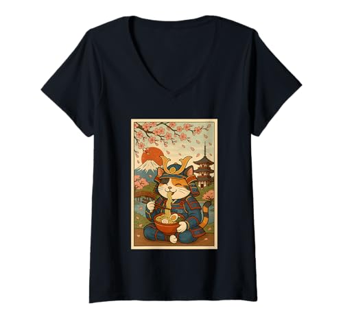 Damen Samurai Cat Ramen mit japanischer Pagode und Kirschblüten T-Shirt mit V-Ausschnitt von Samurai Cat Ramen Lover pagoda cherry blossoms tee