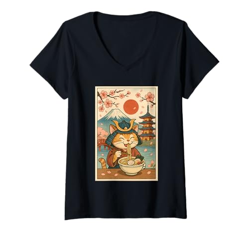 Damen Samurai Cat Ramen mit japanischer Pagode und Kirschblüten T-Shirt mit V-Ausschnitt von Samurai Cat Ramen Lover pagoda cherry blossoms tee