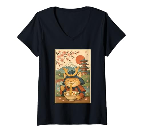 Damen Samurai Cat Ramen mit japanischer Pagode und Kirschblüten T-Shirt mit V-Ausschnitt von Samurai Cat Ramen Lover pagoda cherry blossoms tee